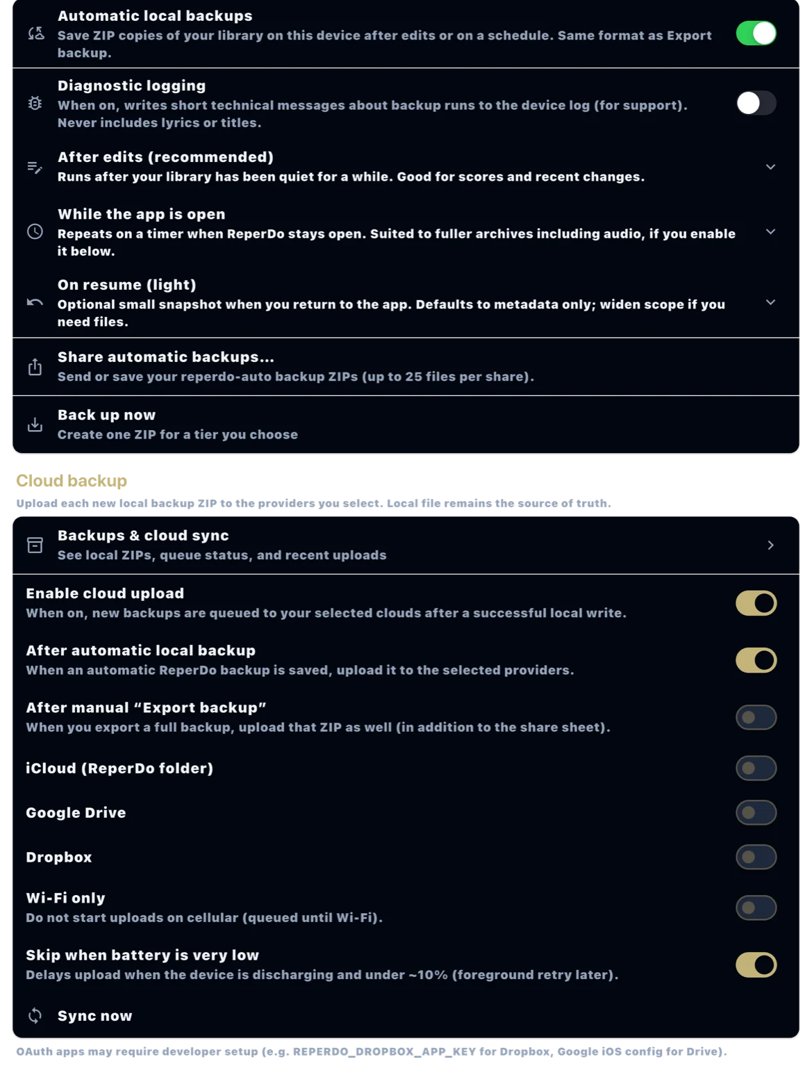 Cloud backup provider rows in Settings