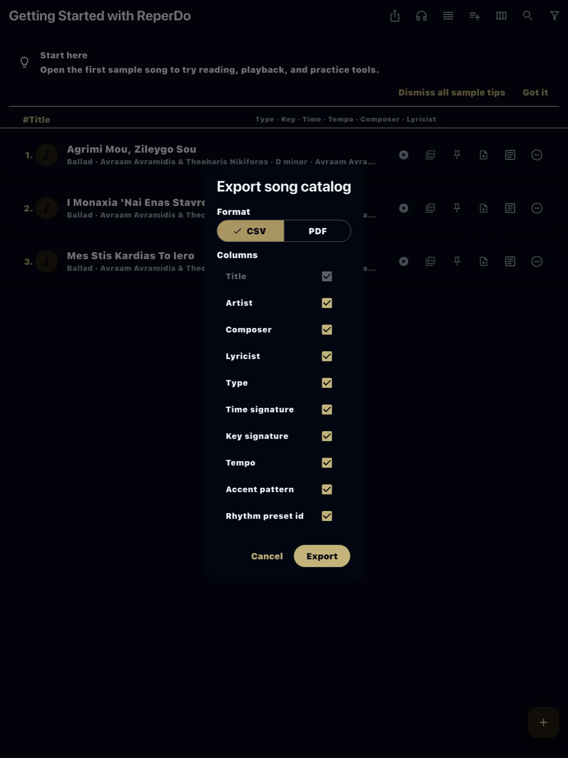 Export song catalog dialog in Settings Library