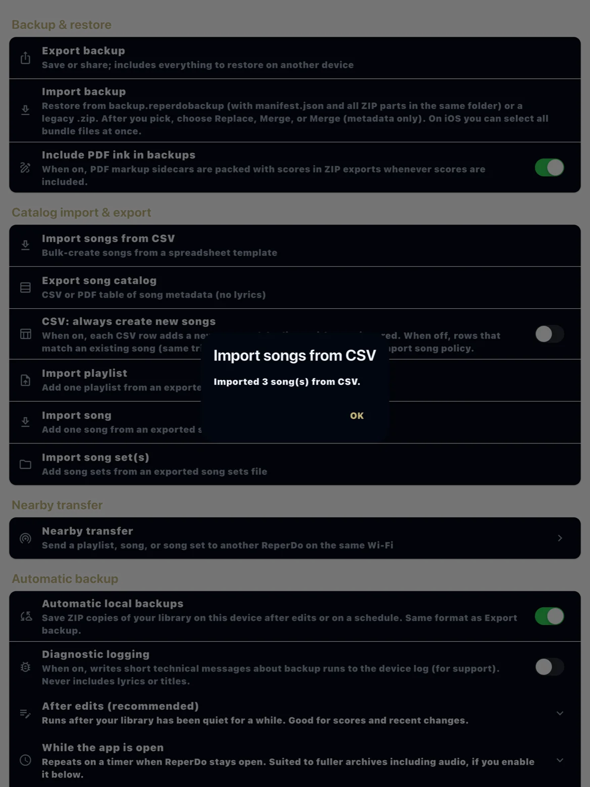 CSV import finished summary in ReperDo