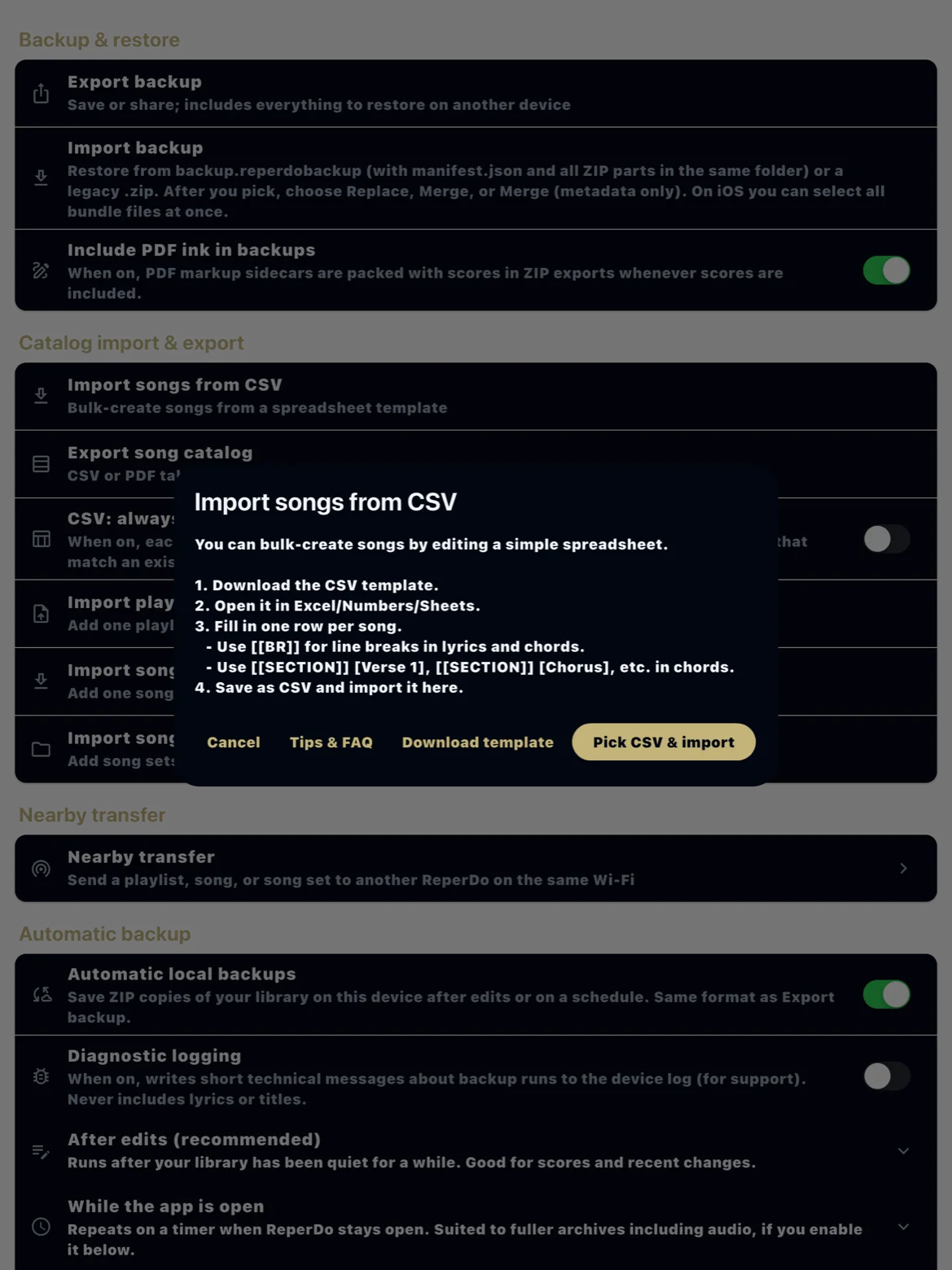 Settings Import songs from CSV with Download template
