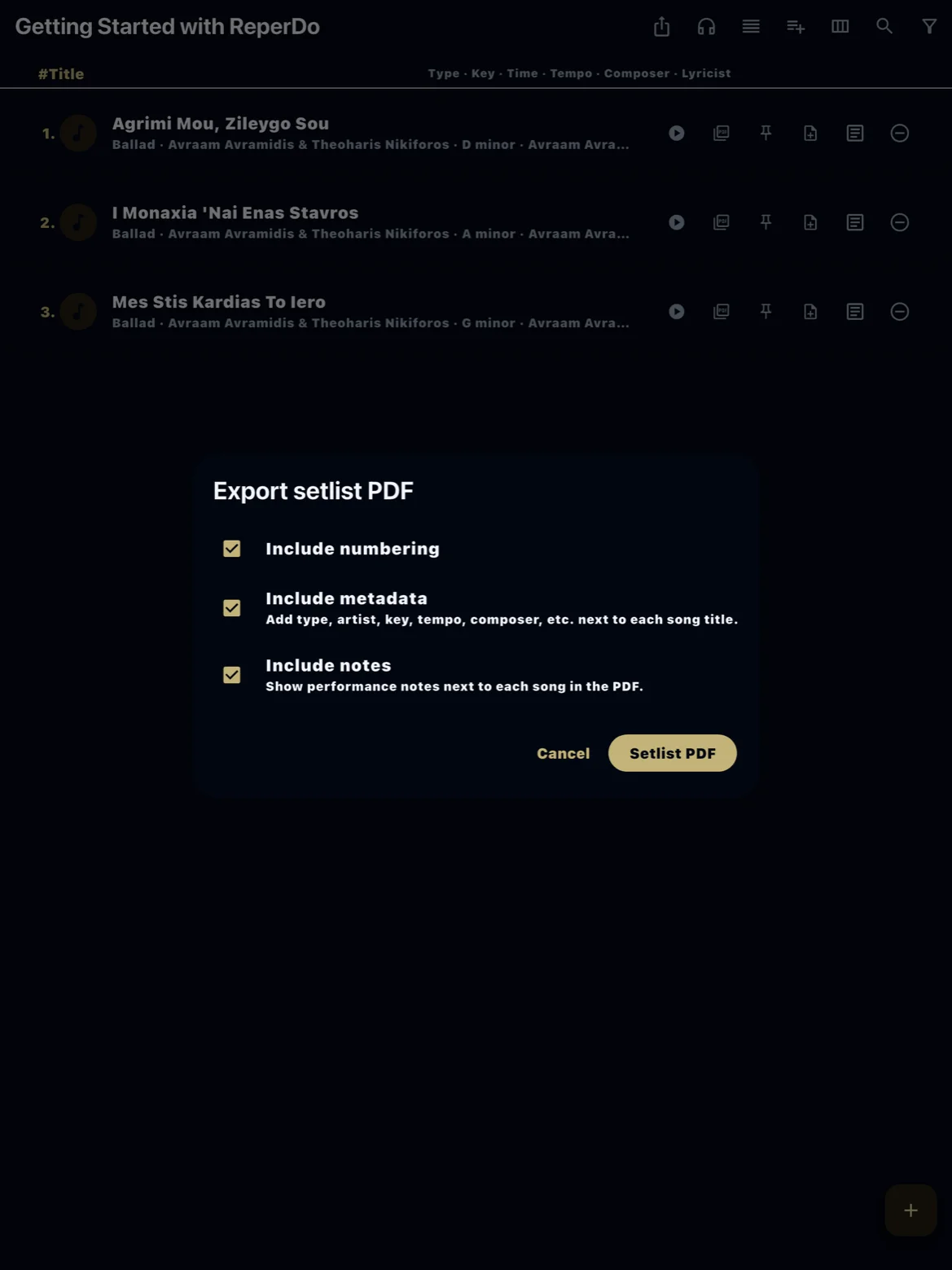Export setlist PDF from a playlist