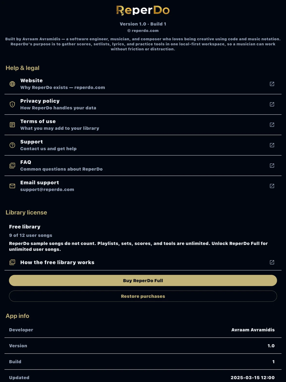 ReperDo Full purchase and Restore purchases on Settings About