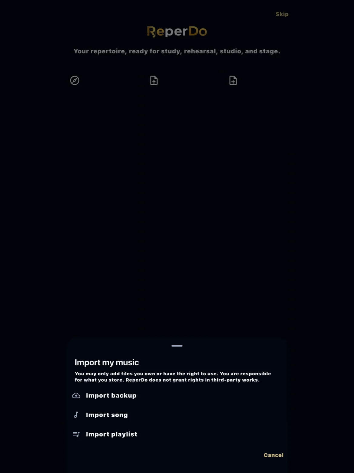 ReperDo first-run screen with Import your music option
