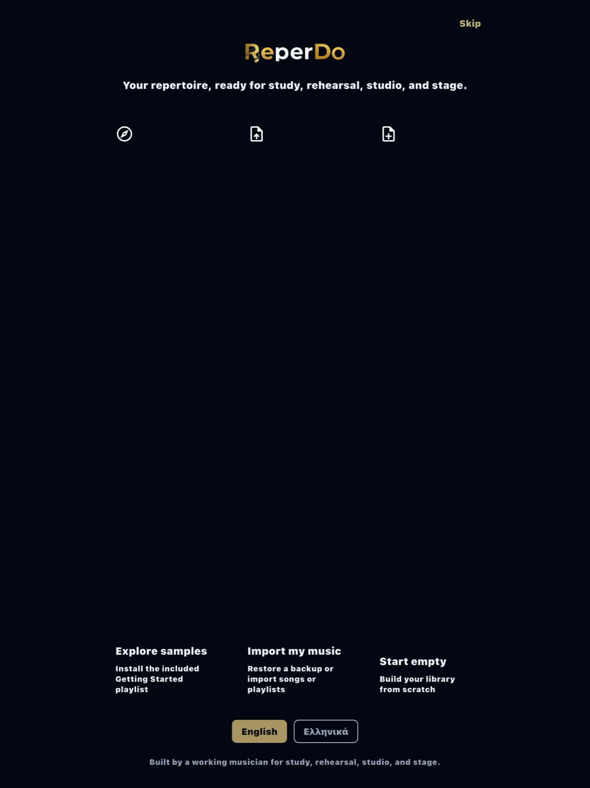 ReperDo first-run screen with Explore samples selected