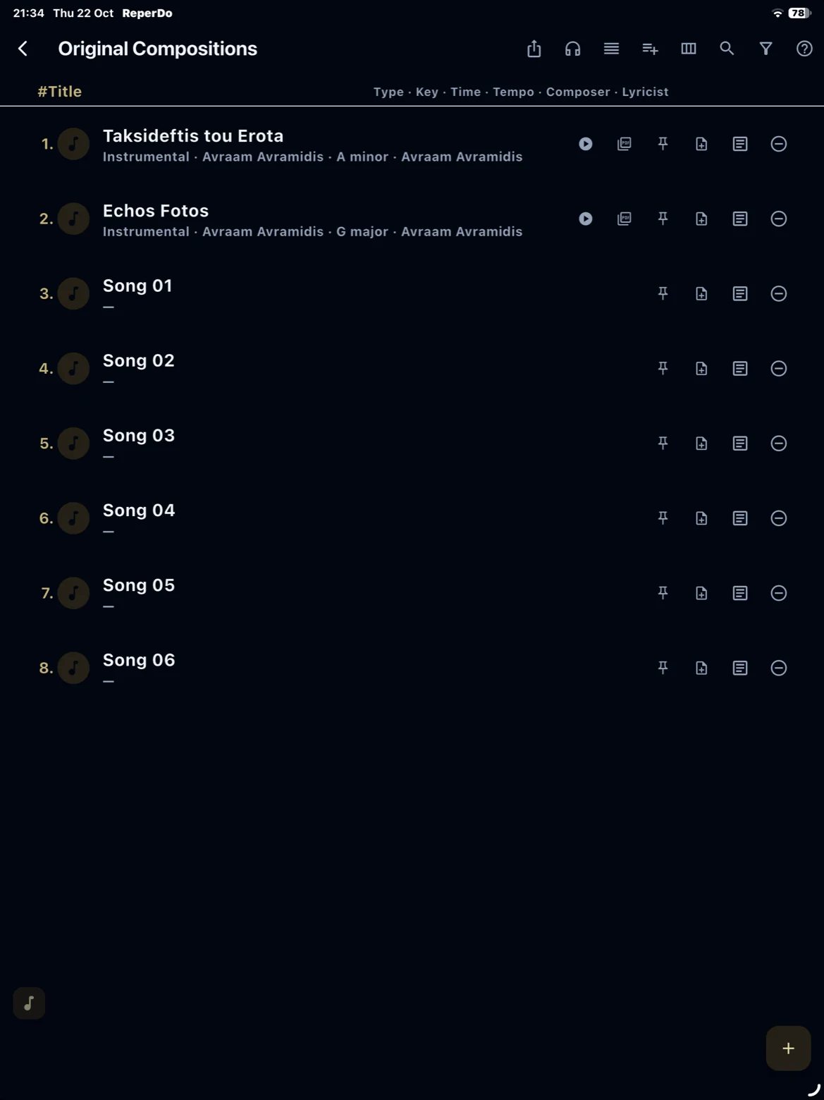 Playlist detail with ordered songs for a gig or lesson