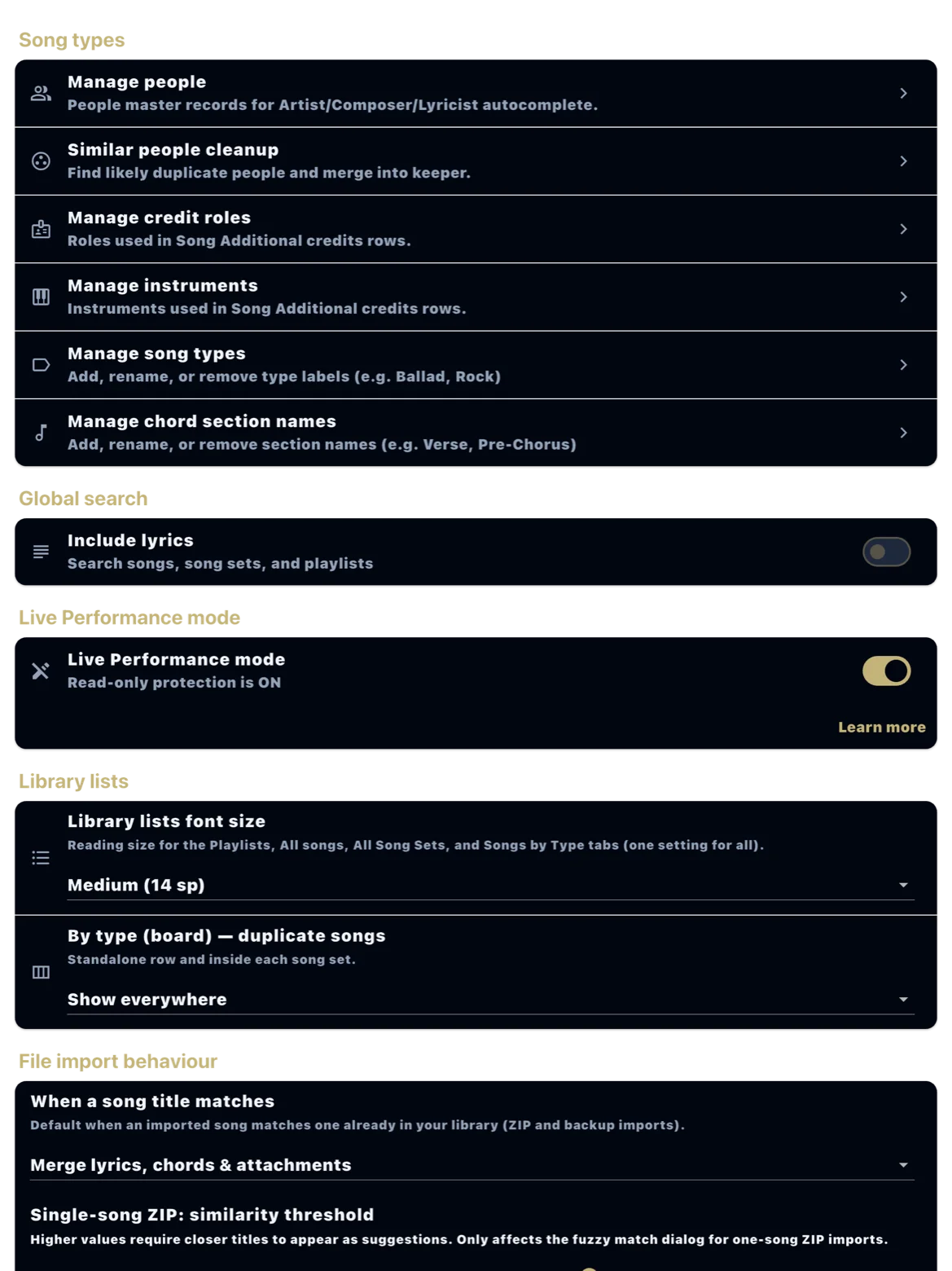 Live Performance mode switch enabled in Settings