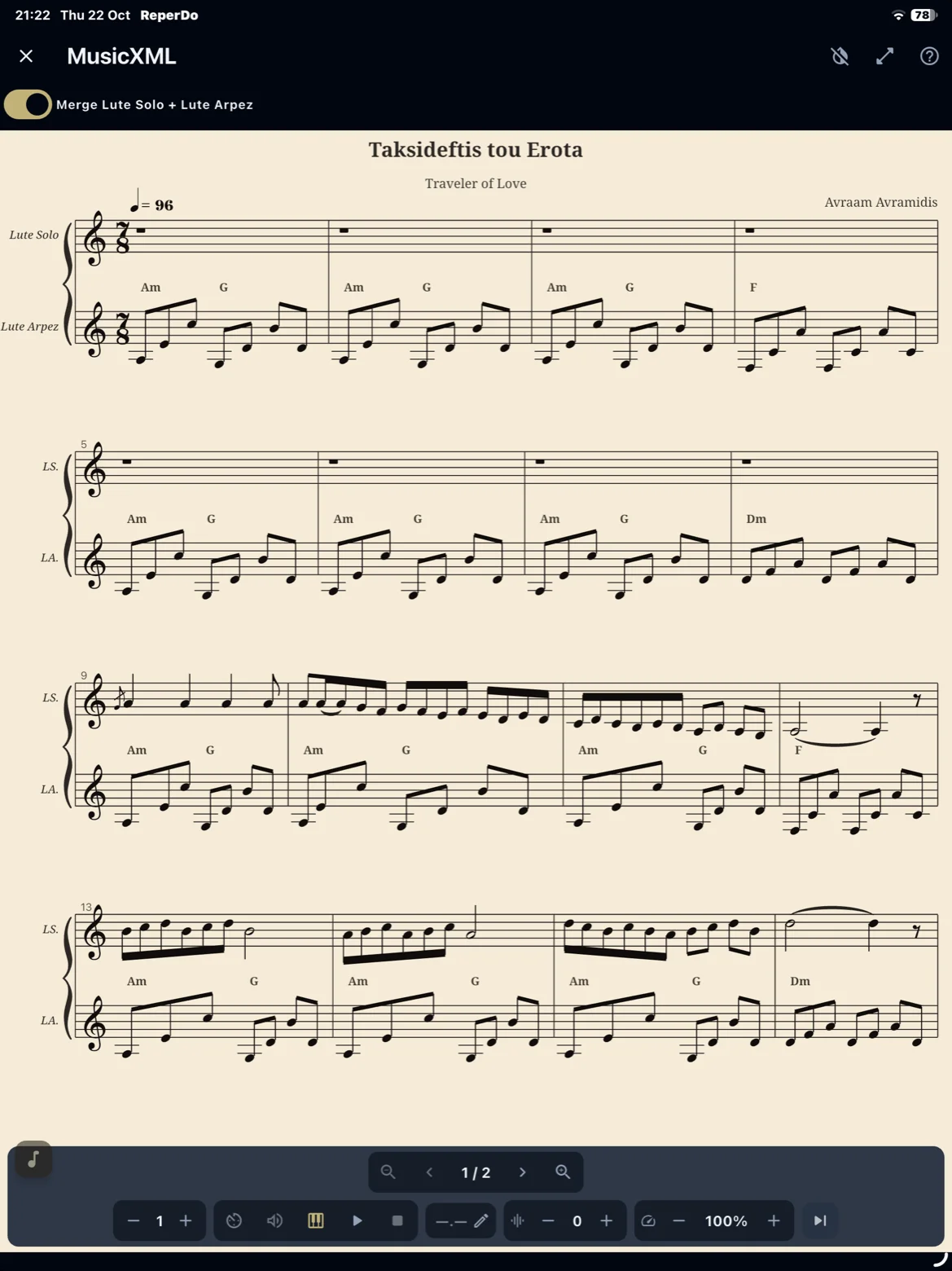 MusicXML score viewer with playback controls