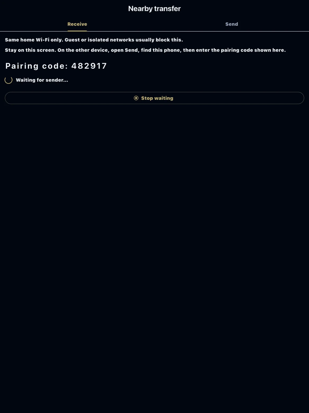 Nearby transfer pairing code on the receiving device