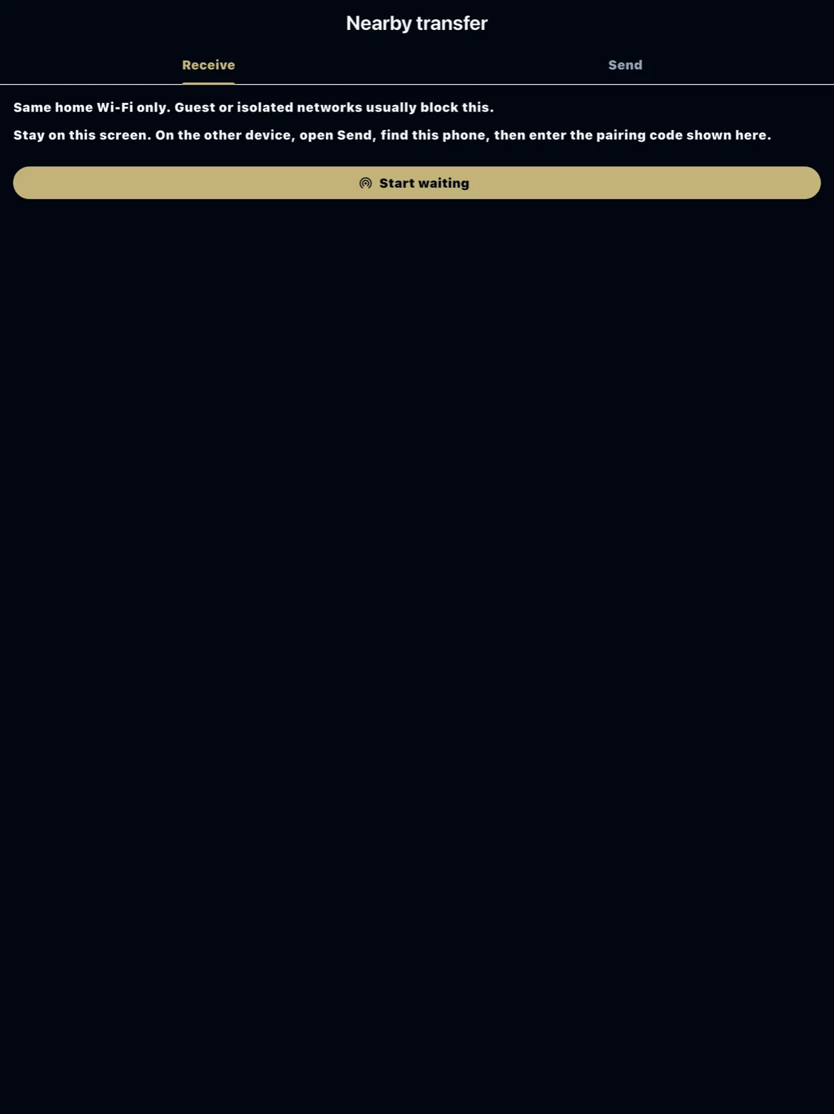 Nearby transfer send and receive screens