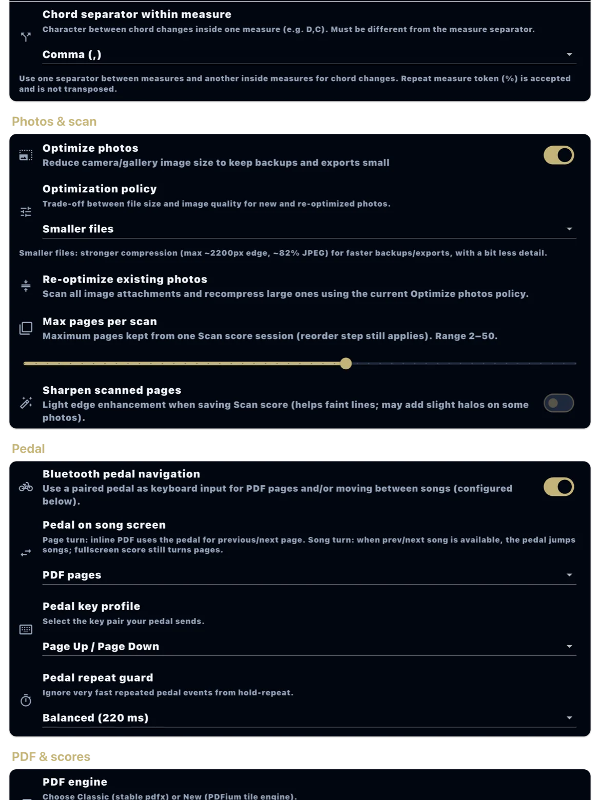 Settings Reading page-turn pedal options