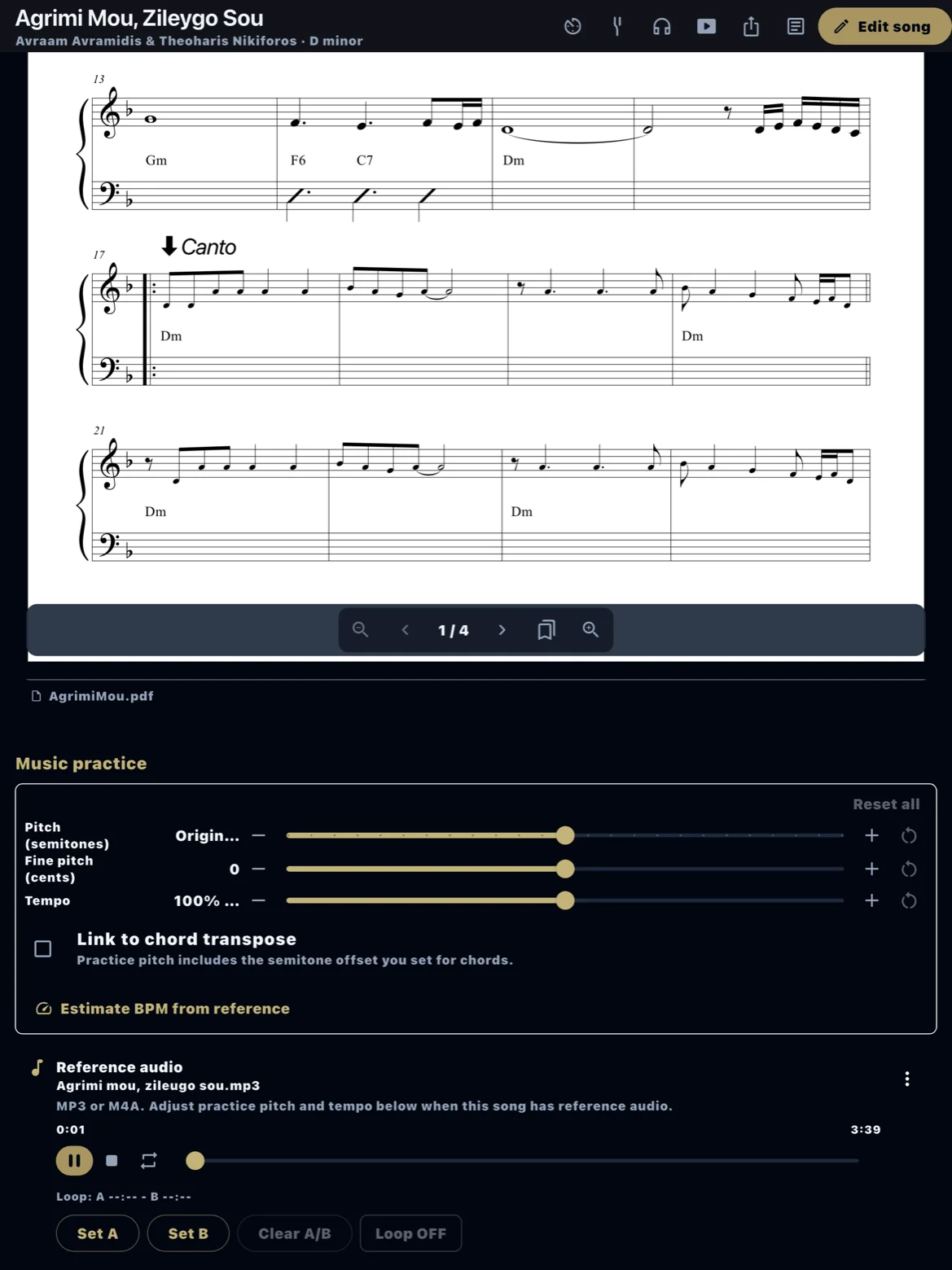 Reference audio player with pitch and tempo on the song page