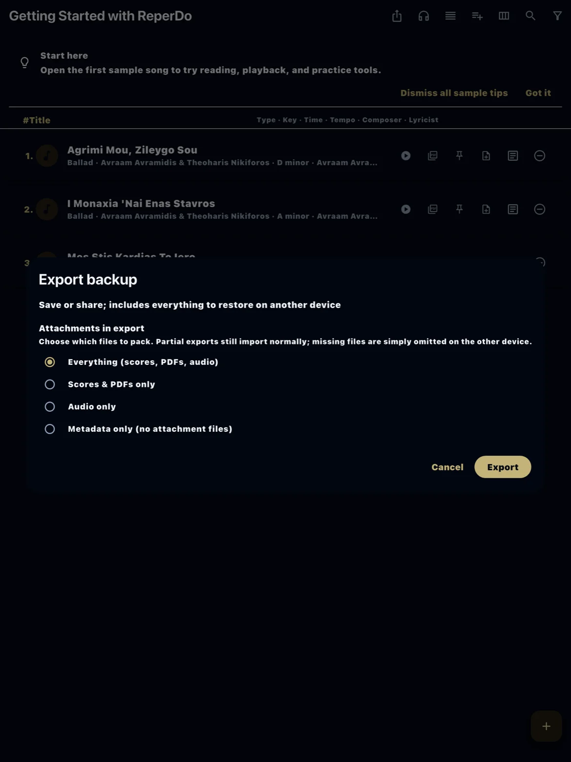 Settings Data and backup with Export backup action