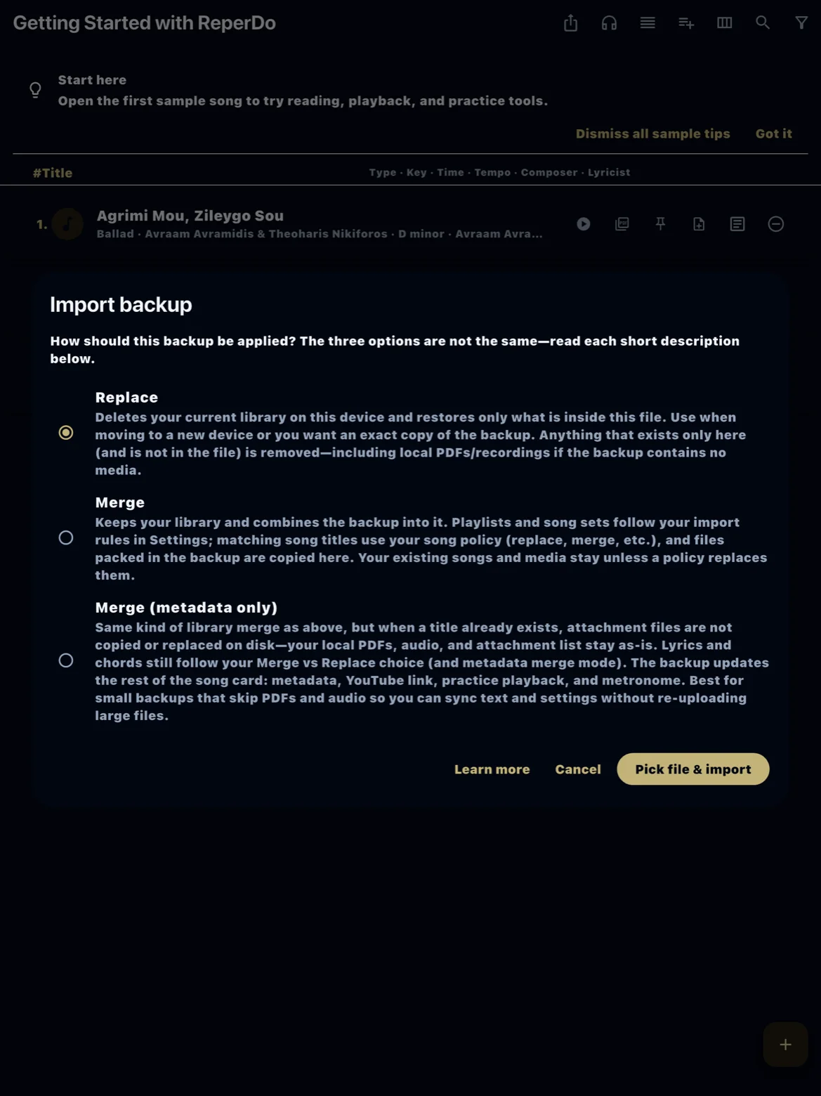 Import backup dialog with Replace and Merge options