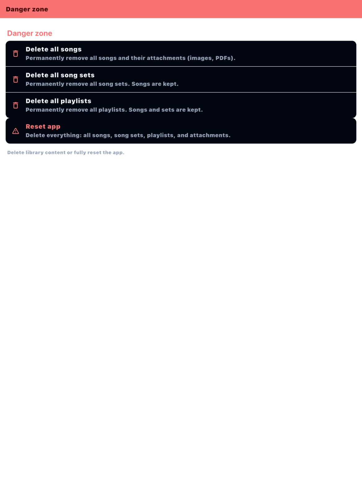 Settings Danger zone with delete and reset actions