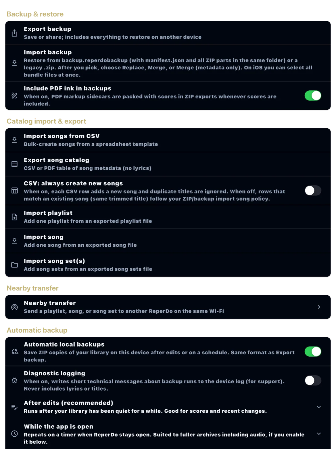 Settings Data and backup section expanded