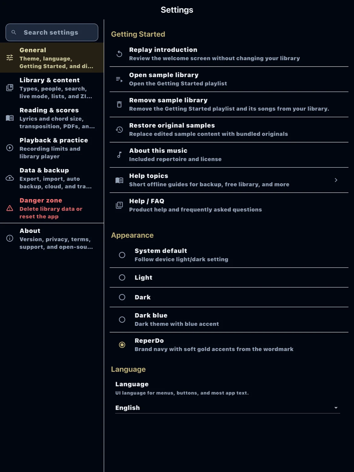 ReperDo Settings hub with section headers